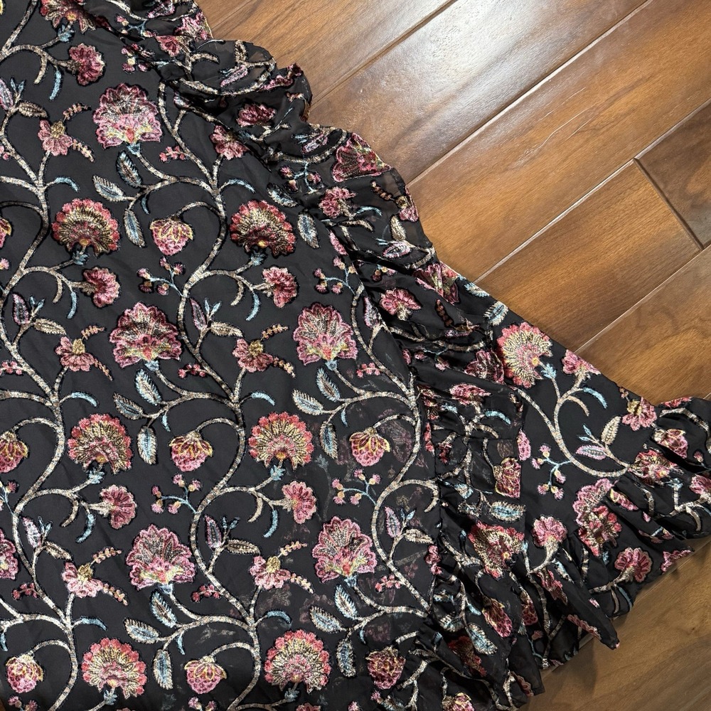 Talisman Women's Size XS Black Floral Velvet Chiffon Carly Wrap Midi‎ Dress - Picture 3 of 12